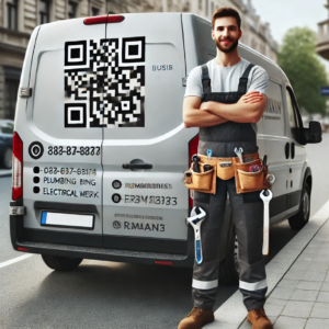 Artisant devant son vehicule utilitaire qui dispose un qrcode comme autocollant adhesif pour se faire connaitre